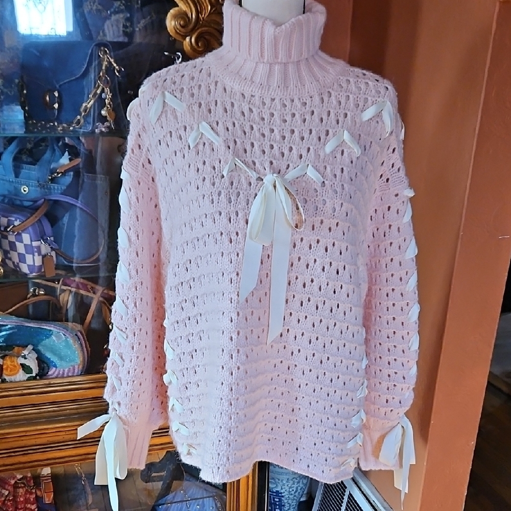 Pink Knit Sweater with Ribbon Details